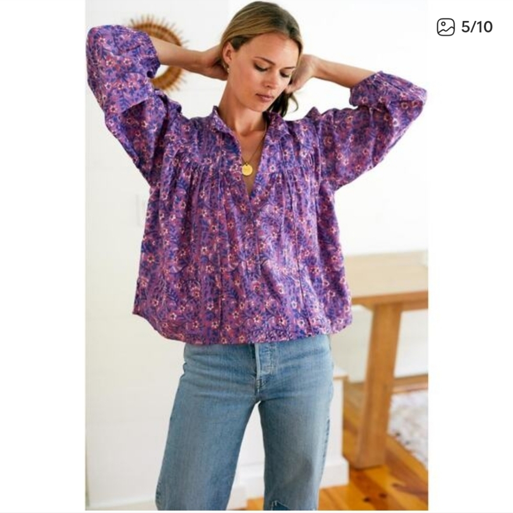 Emerson Fry India Collection Emmaline Blouse Floral Purple Pink Size XS Cotton - Picture 2 of 11